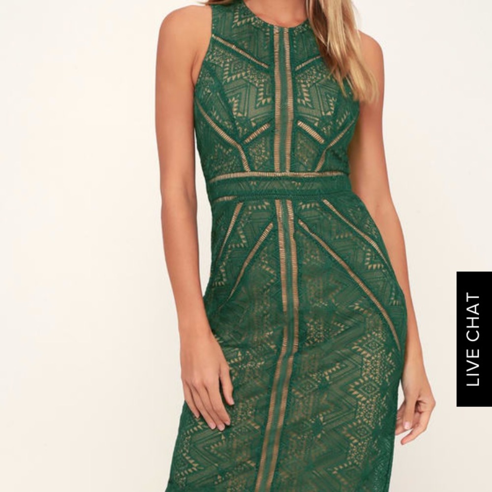 Green Lace Bardot Midi Dress from Lulu’s